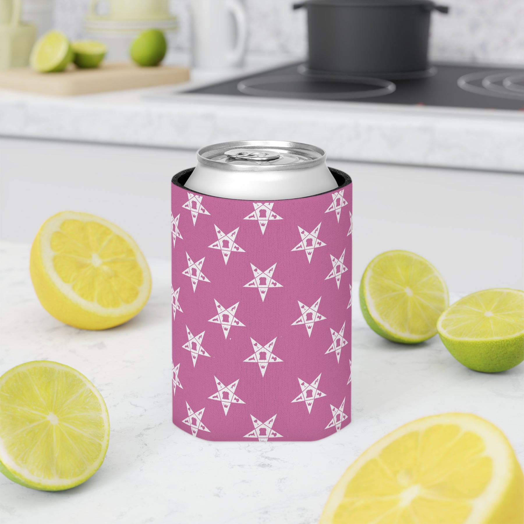 OES Can Cooler - Pink & White Stars - Bricks Masons