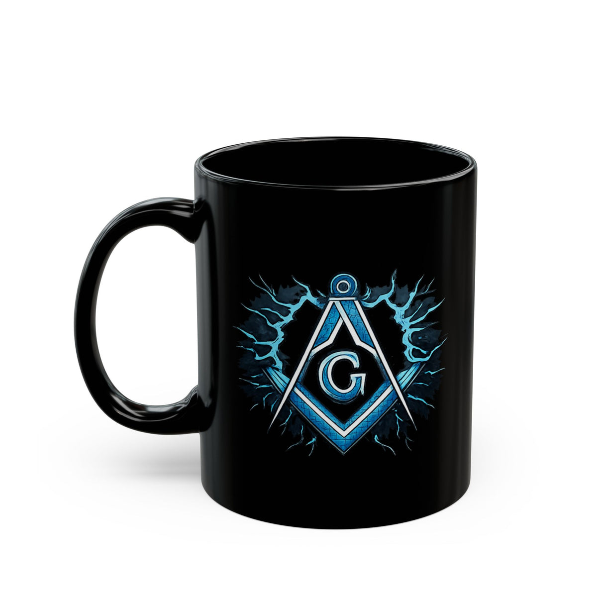 Taza de la Logia Azul de Maestro Masón - Negra con Escuadra y Compás Azules G