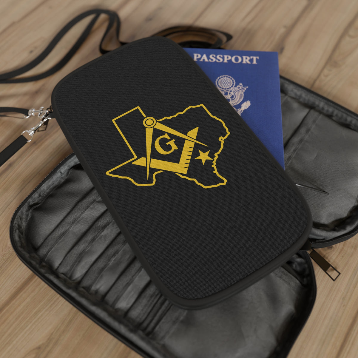 Master Mason Blue Lodge Passport Wallet - Black Texas Mason With Shoulder & Wrist Strap - Bricks Masons