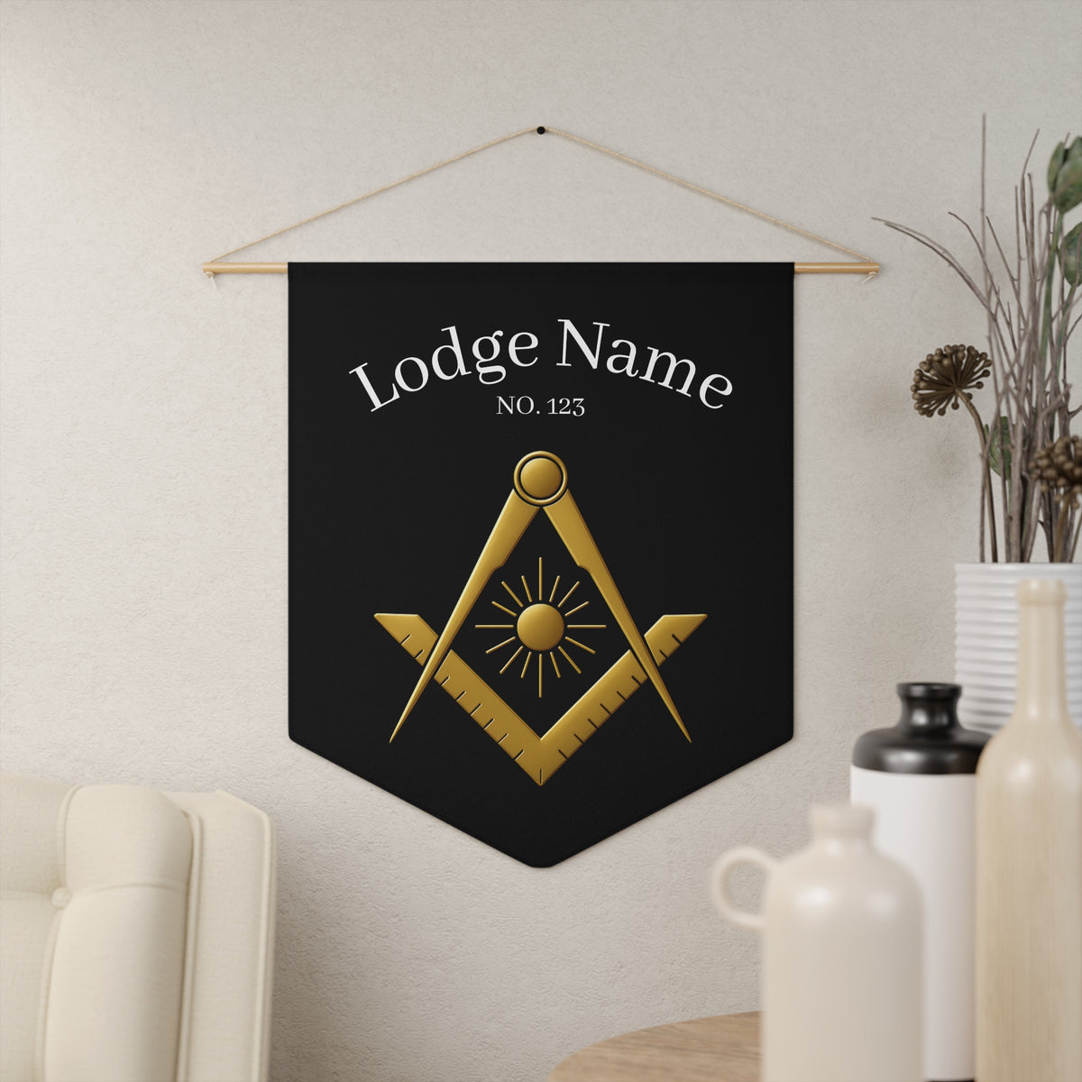Master Mason Blue Lodge Pennant - Square & Compass with Sun With Personalization - Bricks Masons