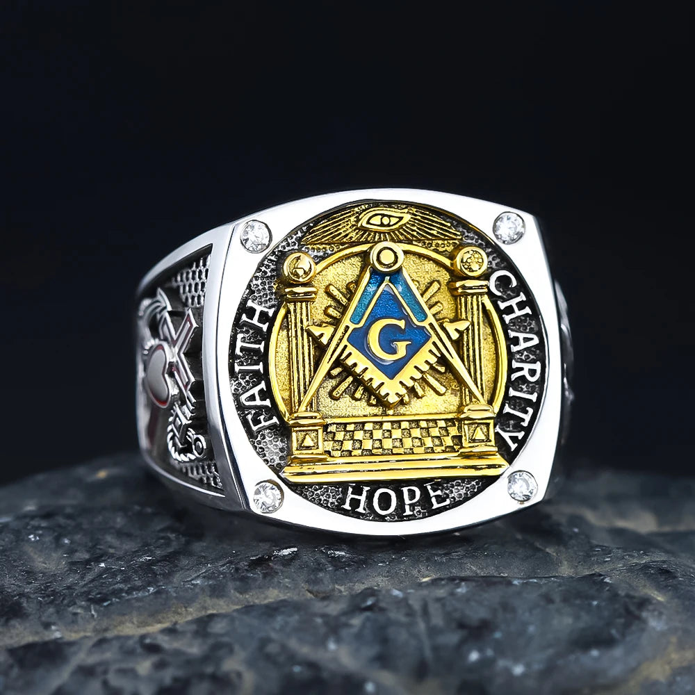 Anillo de la Logia Azul de Maestro Masón - Plata de ley Fe Esperanza y Caridad con S&C G