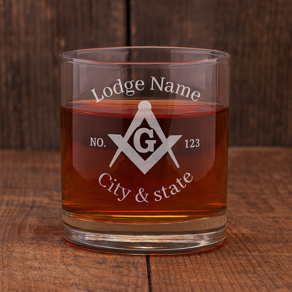 Master Mason Blue Lodge Whiskey Glass - Square & Compass G with Personalization