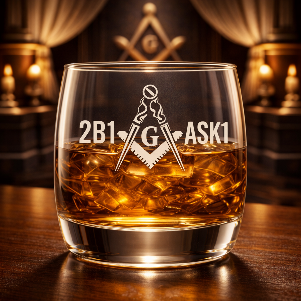 Vaso de whisky de la Logia Azul de Maestro Masón - Escuadra y compás con G 2B1ASK1