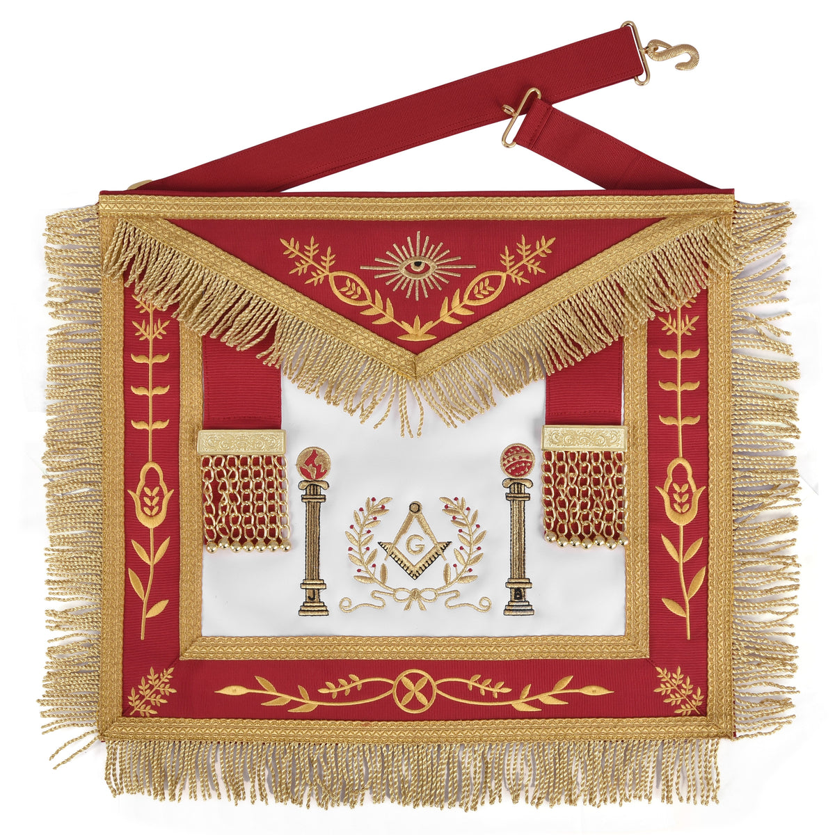 Master Mason Blue Lodge Apron - Red & Gold Hand Embroidery Bullion With Wreath & Pillars - Bricks Masons