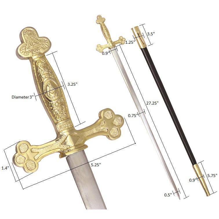 Fellowcraft Blue Lodge Sword - Square Compass with Golden Hilt - Bricks Masons