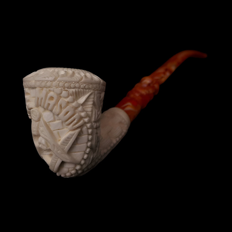 Master Mason Blue Lodge Meerschaum Pipe - Handmade Free Mason With Fitted Case - Bricks Masons