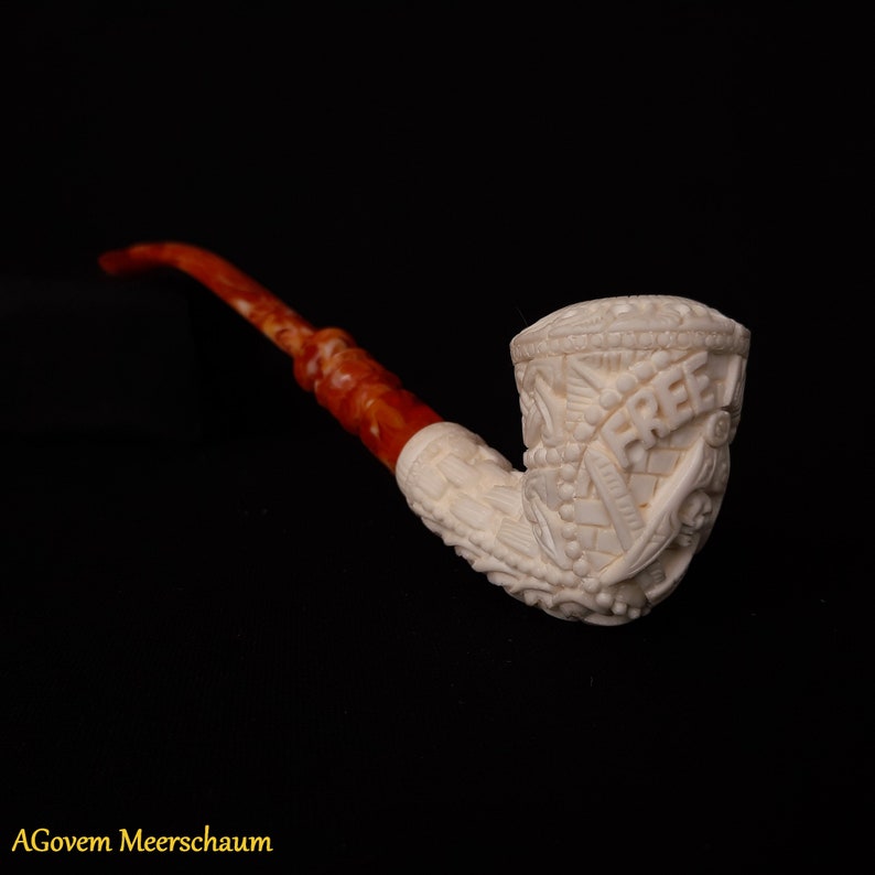 Master Mason Blue Lodge Meerschaum Pipe - Handmade Free Mason With Fitted Case - Bricks Masons
