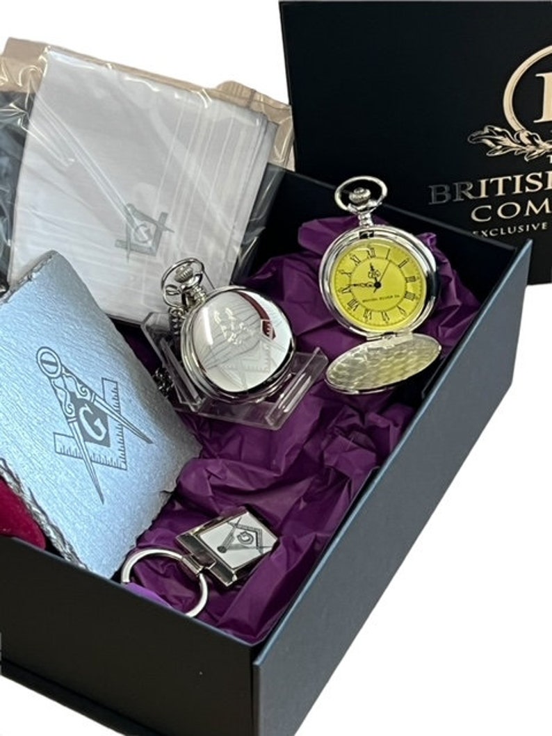 Master Mason Blue Lodge Pocket Watch - Engraved Silver & Handkerchief Gift Set - Bricks Masons