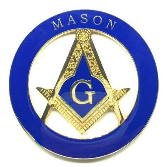 Master Mason Blue Lodge Car Emblem - Golden Blue Compass and Square G Medallion - Bricks Masons
