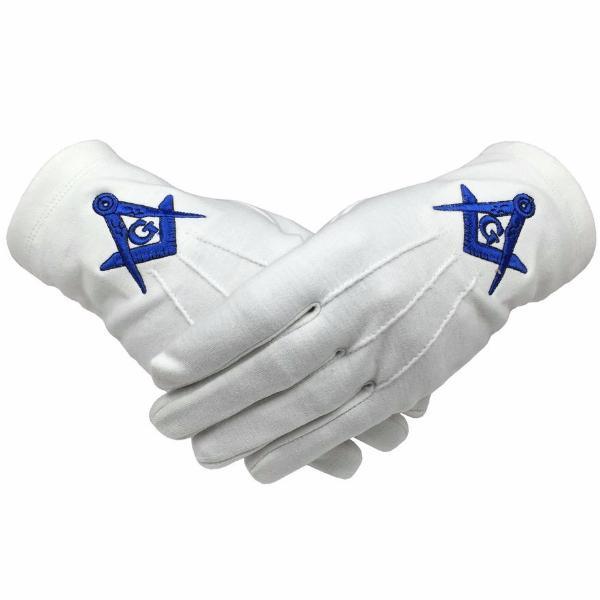 Master Mason Blue Lodge Gloves - White Cotton Machine Embroidery - Bricks Masons