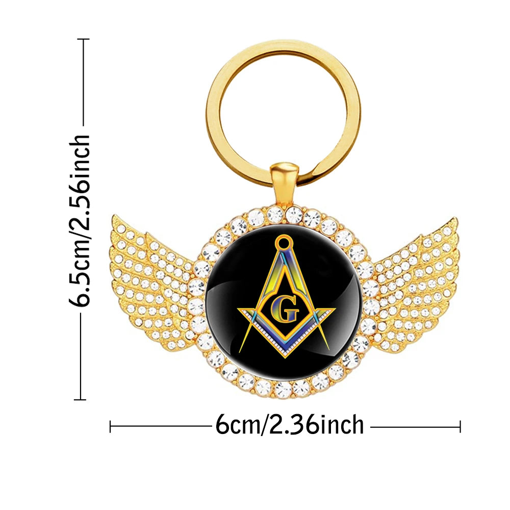 Master Mason Blue Lodge Keychain - Glass Cabochon With Wings - Bricks Masons