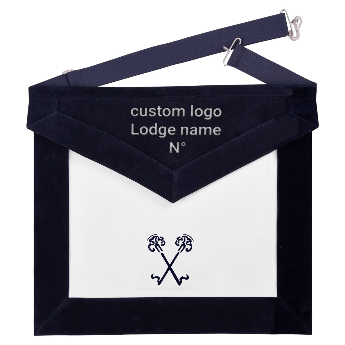 Treasurer Blue Lodge Officer Apron - Navy Velvet With Silver Embroidery Thread - Bricks Masons