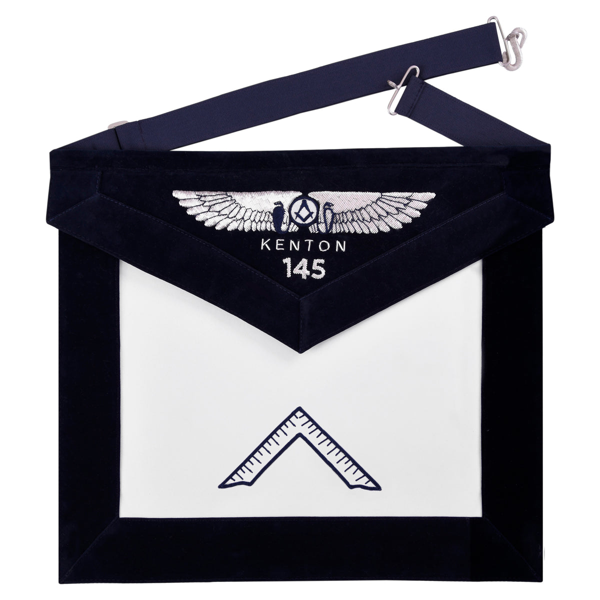 Worshipful Master Blue Lodge Officer Apron - Kenton Lodge Navy Velvet With Silver Embroidery Thread - Bricks Masons