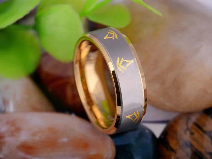 Past Master Blue Lodge Ring - Gold Beveled Tungsten - Bricks Masons