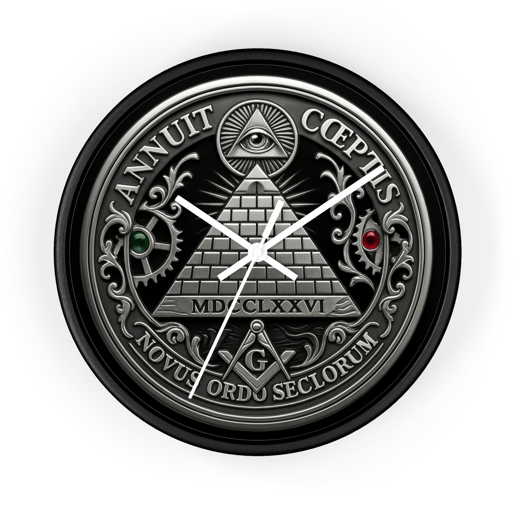 Master Mason Blue Lodge Clock - S&C with Pyramid & All Seeing Eye Latin Motto - Bricks Masons