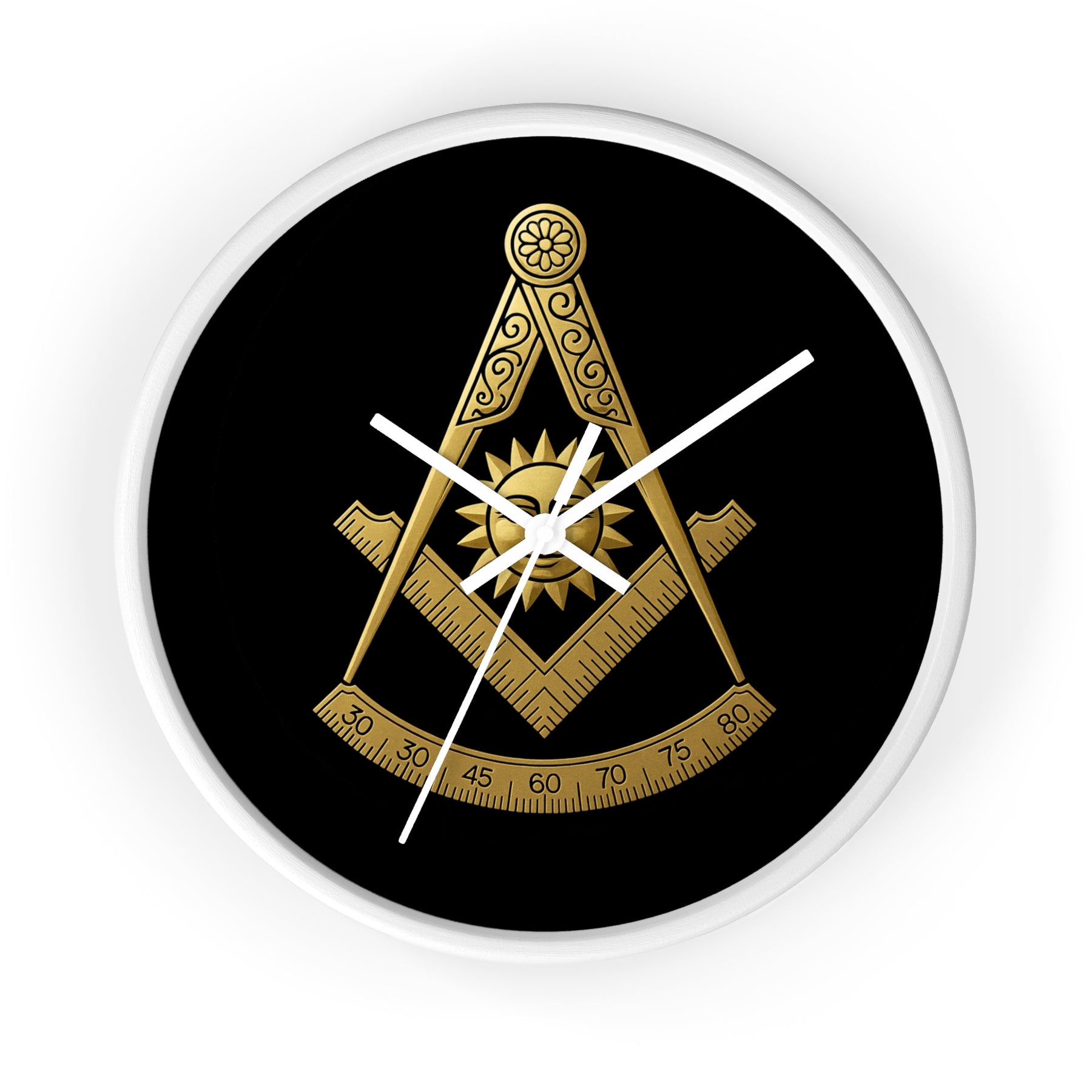 Past Master Blue Lodge Clock - Square Compass Sun & Quadrant Emblem on Wood Frame - Bricks Masons