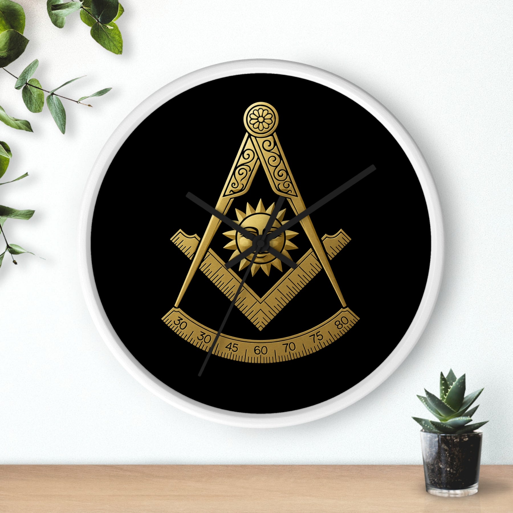 Past Master Blue Lodge Clock - Square Compass Sun & Quadrant Emblem on Wood Frame - Bricks Masons
