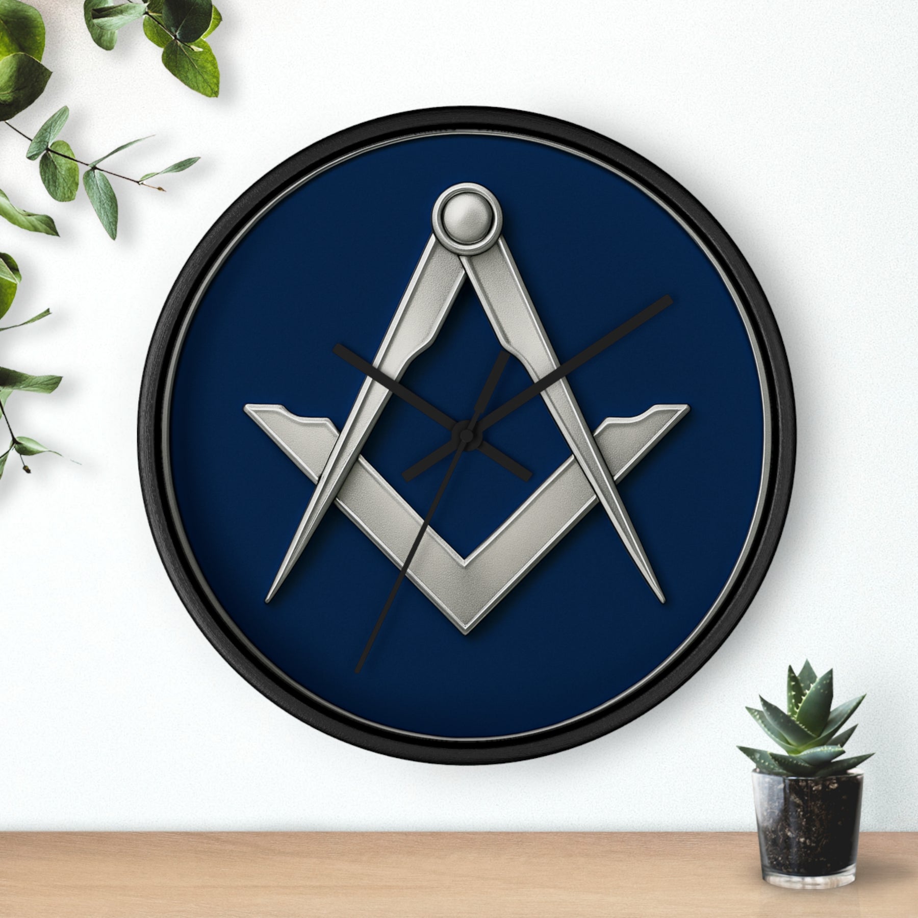 Master Mason Blue Lodge Clock - Minimalist Square & Compass in Wooden Frame - Bricks Masons