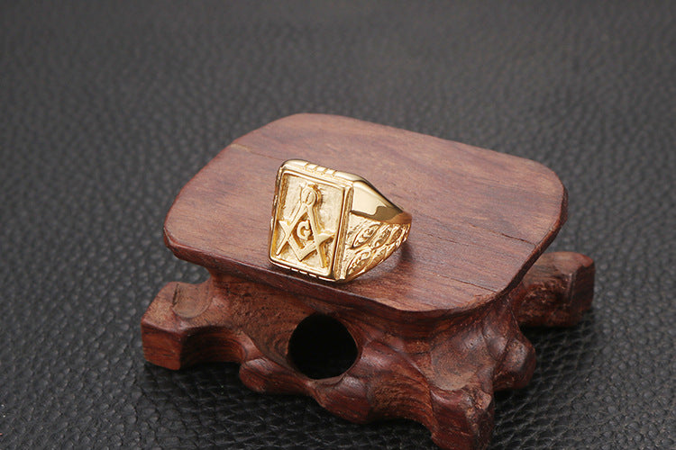 Master Mason Blue Lodge Ring - Gold Titanium Steel - Bricks Masons