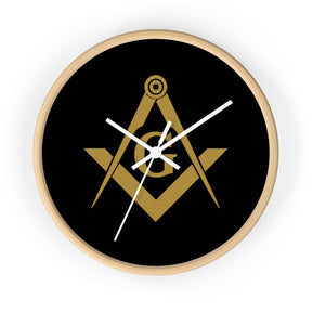 Master Mason Blue Lodge Clock - Shiny Golden S&C G on Black Dial - Bricks Masons