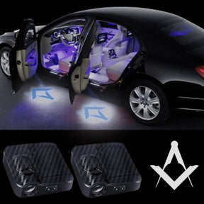 Master Mason Blue Lodge Car Door Light Projector - 2 Pieces Wireless LED Square & Compass - Bricks Masons