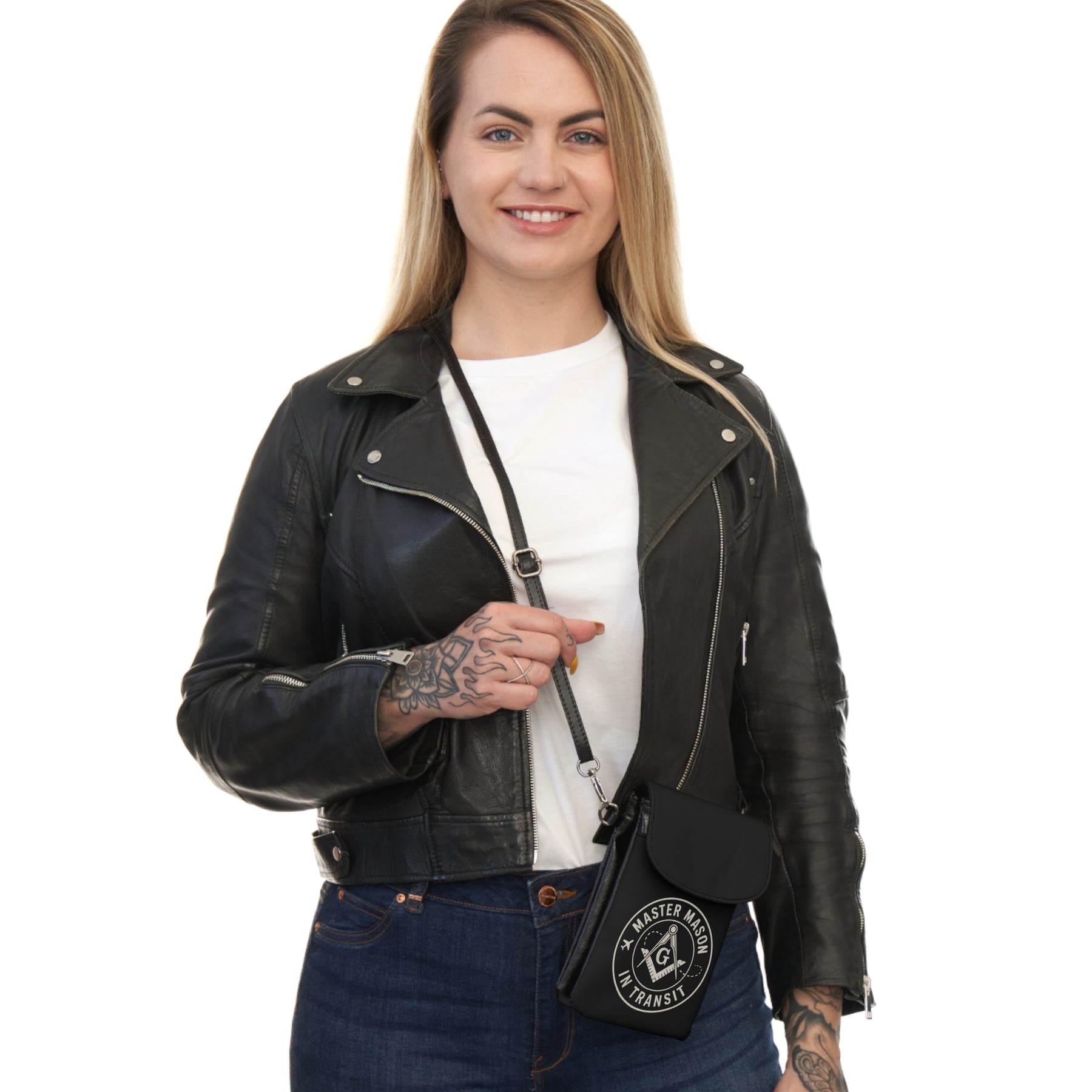 Master Mason Blue Lodge Cell Phone Wallet - Mason In Transit Black Microfiber Leather - Bricks Masons