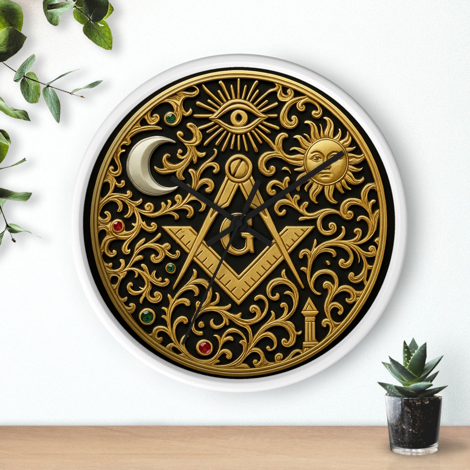 Master Mason Blue Lodge Clock - S&C G with Sun Moon & Eye with Golden Ornates - Bricks Masons