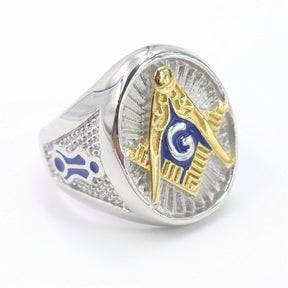 Master Mason Blue Lodge Ring - Blue Solid Stainless Steel With Gold Square & Compass G - Bricks Masons