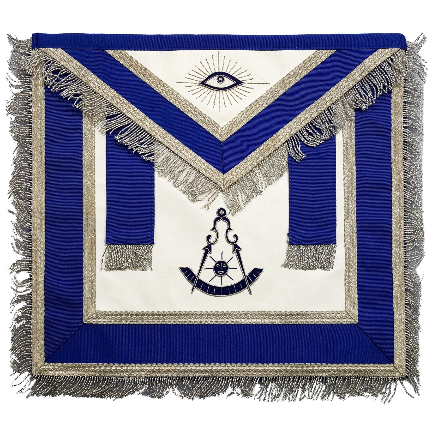 Past Master Blue Lodge Apron - Blue with Tabs & Silver Fringe