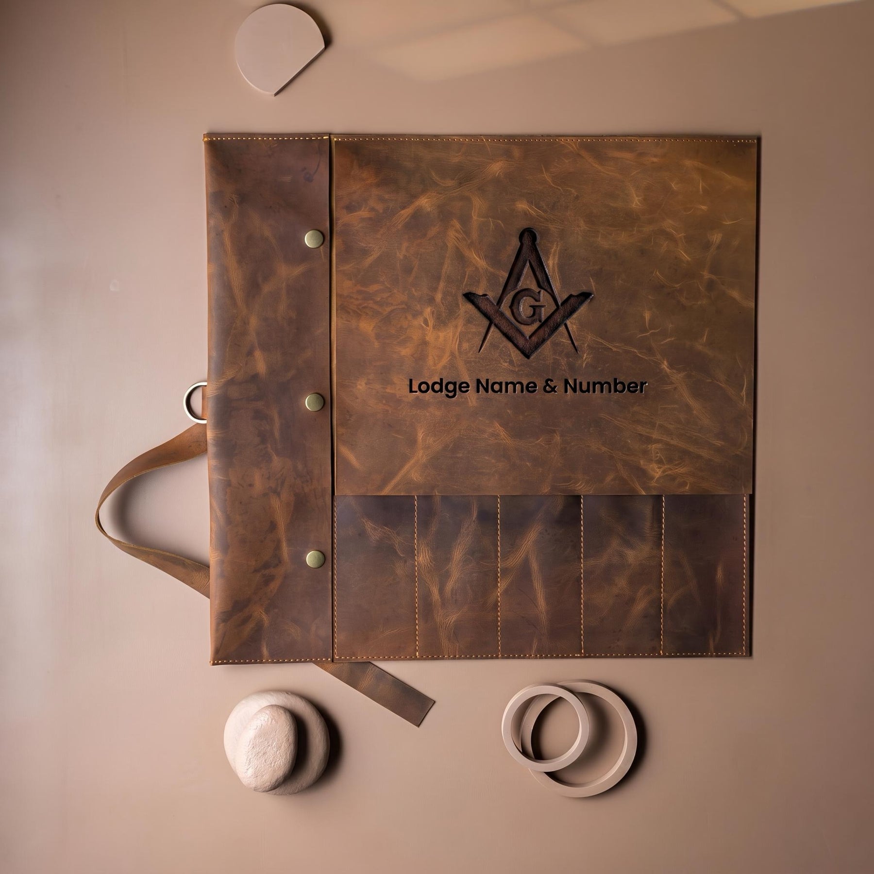 Master Mason Blue Lodge Knife Roll Bag - Square & Compass G 5 Slot Custom Leather Roll - Bricks Masons
