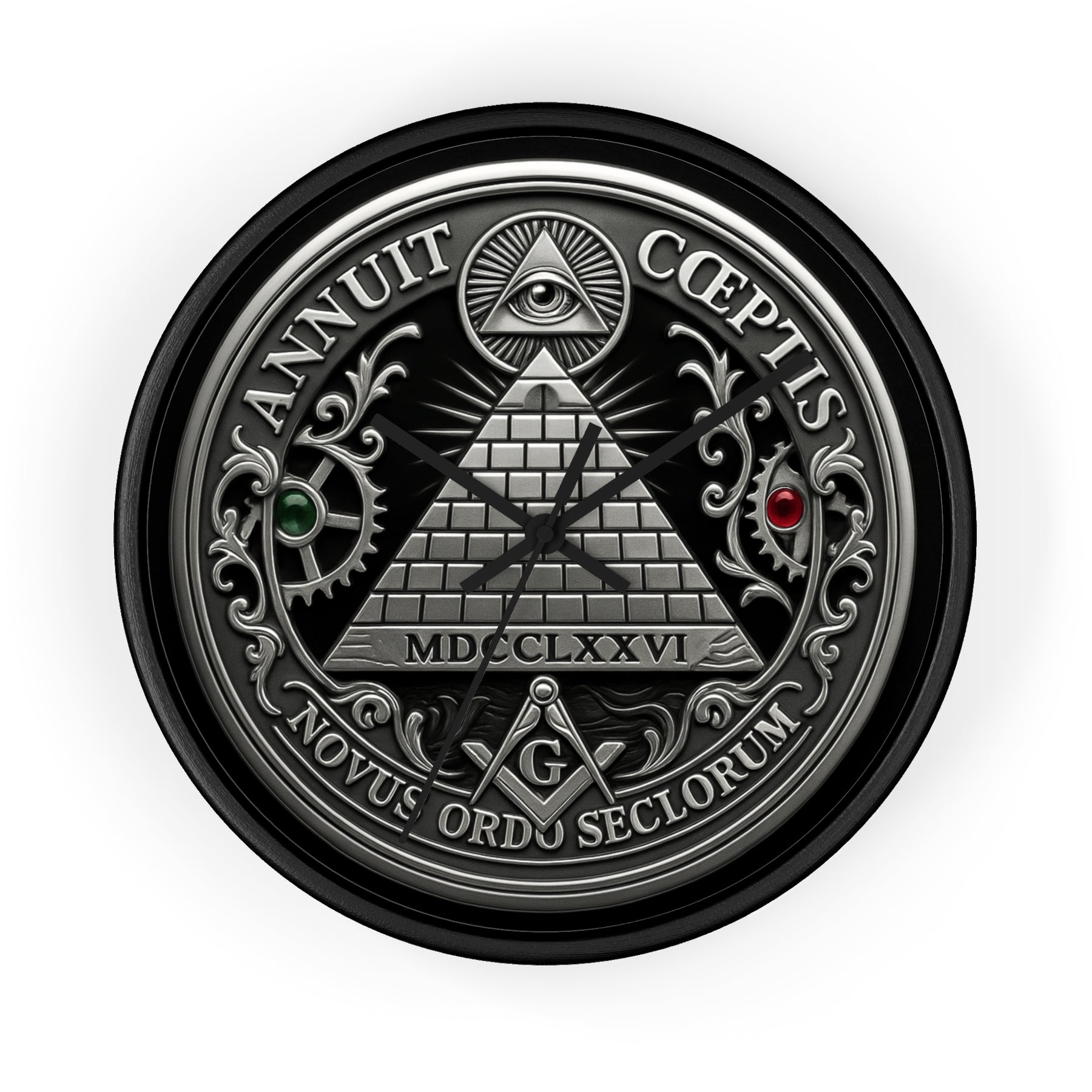 Master Mason Blue Lodge Clock - S&C with Pyramid & All Seeing Eye Latin Motto - Bricks Masons