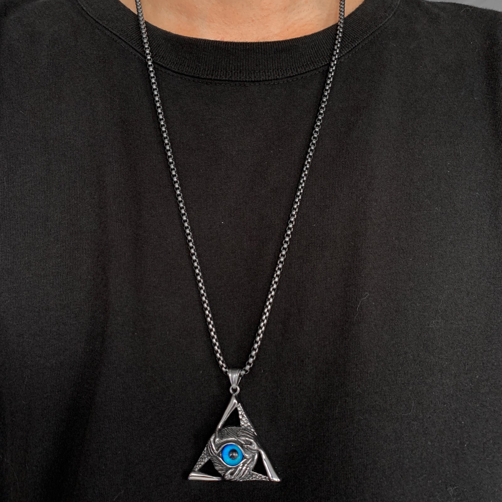 Eye Of Providence Necklace - Silver Stainless Steel Blue All Seeing Eye Pendant - Bricks Masons