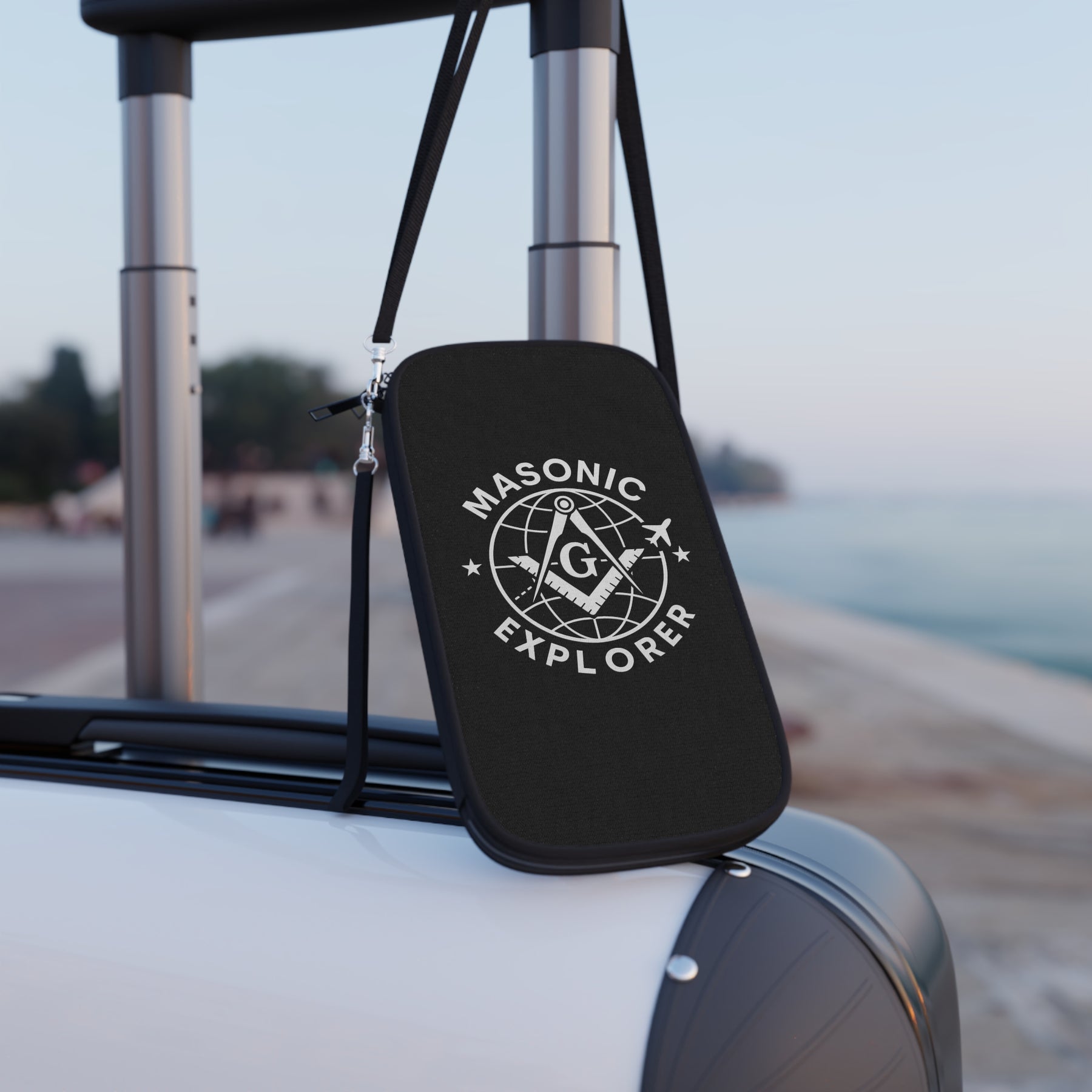 Master Mason Blue Lodge Passport Wallet - Black Masonic Explorer With Shoulder & Wrist Strap - Bricks Masons