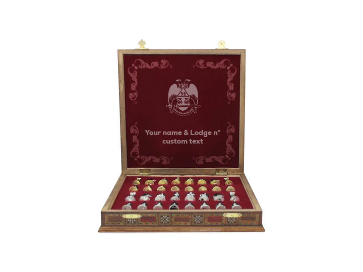 32nd Degree Scottish Rite Chess Set - Wings Down Wood Mosaic Pattern - Bricks Masons