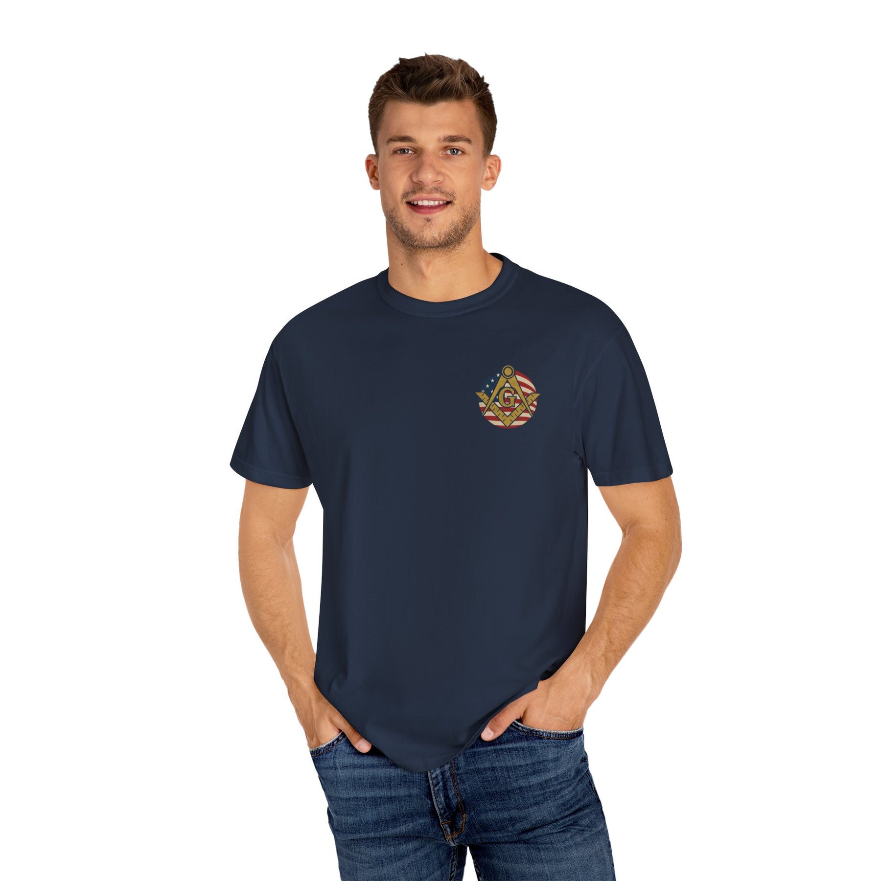 Master Mason Blue Lodge T-Shirt - Garment-Dyed US Flag Square & Compass G - Bricks Masons