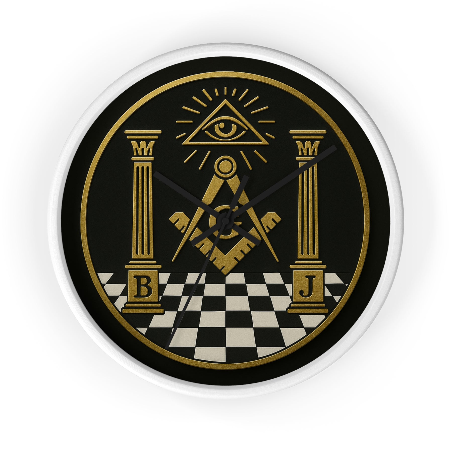 Master Mason Blue Lodge Clock - S&C with Pillars in Wooden Frame - Bricks Masons