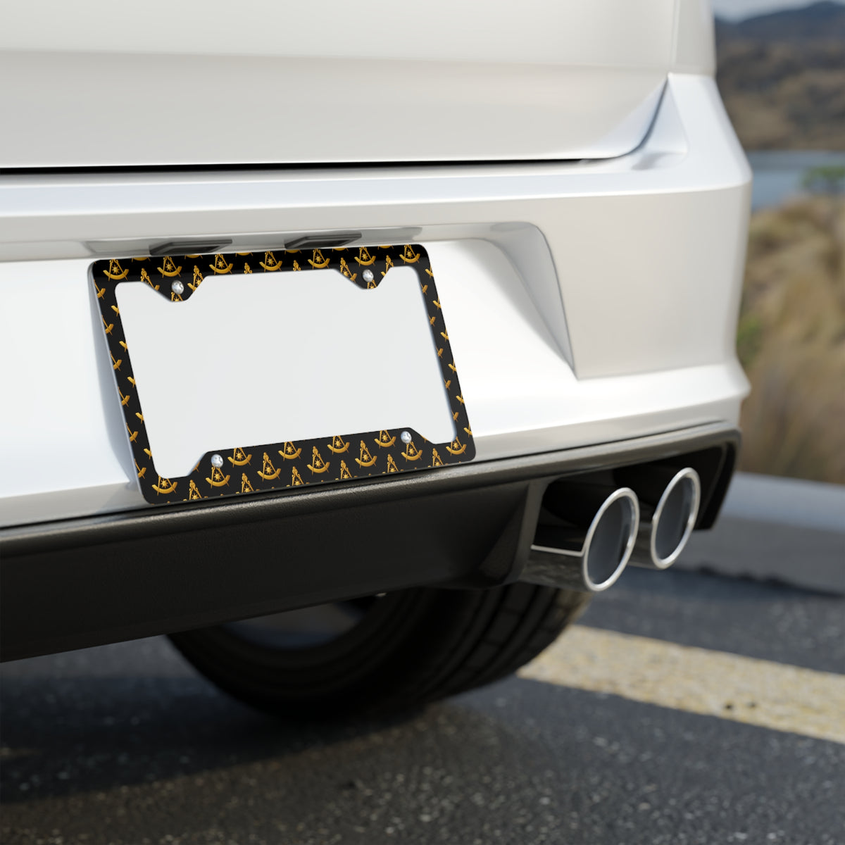 Past Master Blue Lodge License Plate Frame - Full Compass & Quadrant Sun Print - Bricks Masons