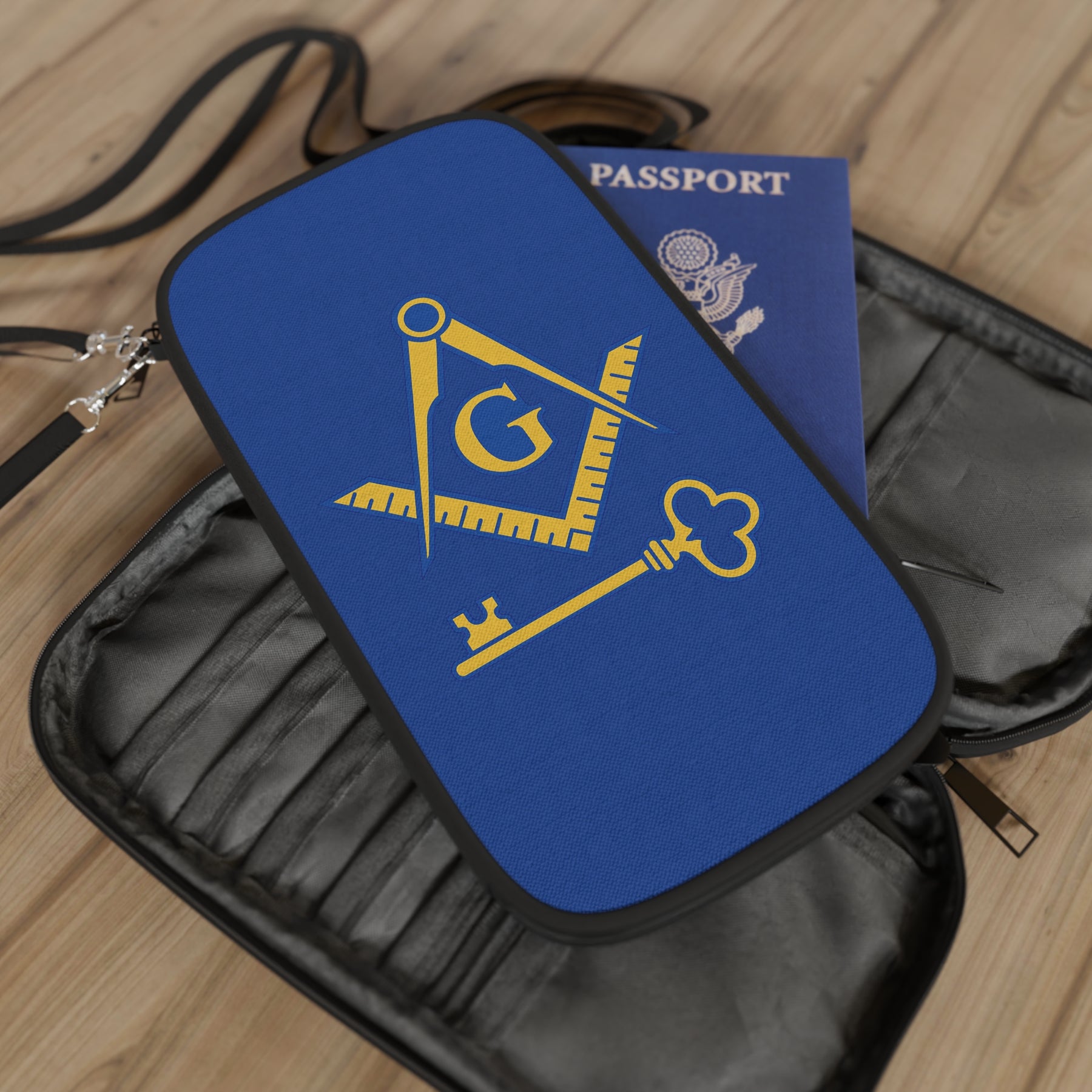 International Masons Passport Wallet - Blue & Yellow With Shoulder & Wrist Strap - Bricks Masons
