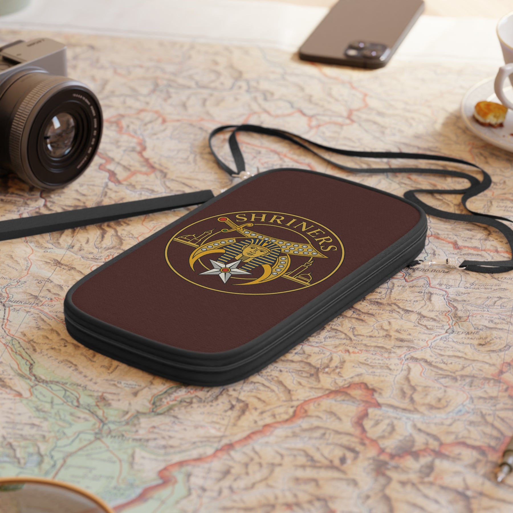 Shriners Passport Wallet - Brown With Shoulder & Wrist Strap - Bricks Masons