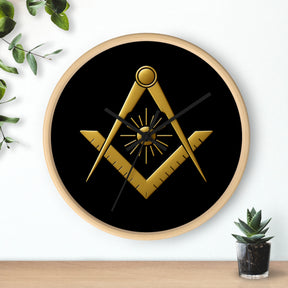 Master Mason Blue Lodge Clock - Golden S&C with Sun in Wooden Frame - Bricks Masons