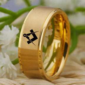 Master Mason Blue Lodge Ring - Gold Tungsten Personalizable - Bricks Masons