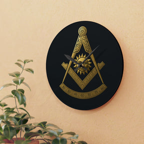 Past Master Blue Lodge Clock - Square Compass Sun & Quadrant Emblem on Clear Acrylic - Bricks Masons