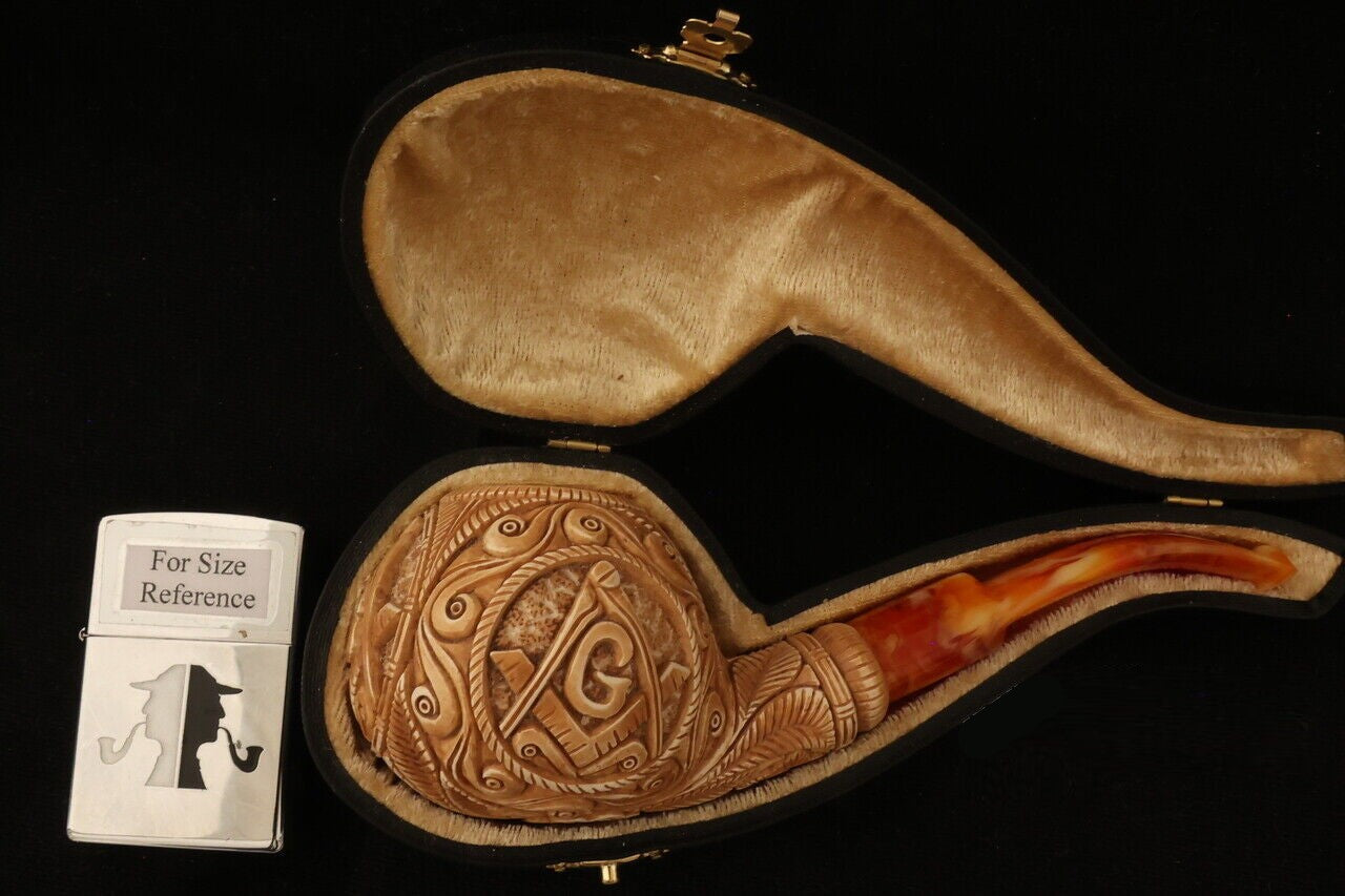 Master Mason Blue Lodge Meerschaum Pipe - Handcrafted With Square & Compass G - Bricks Masons