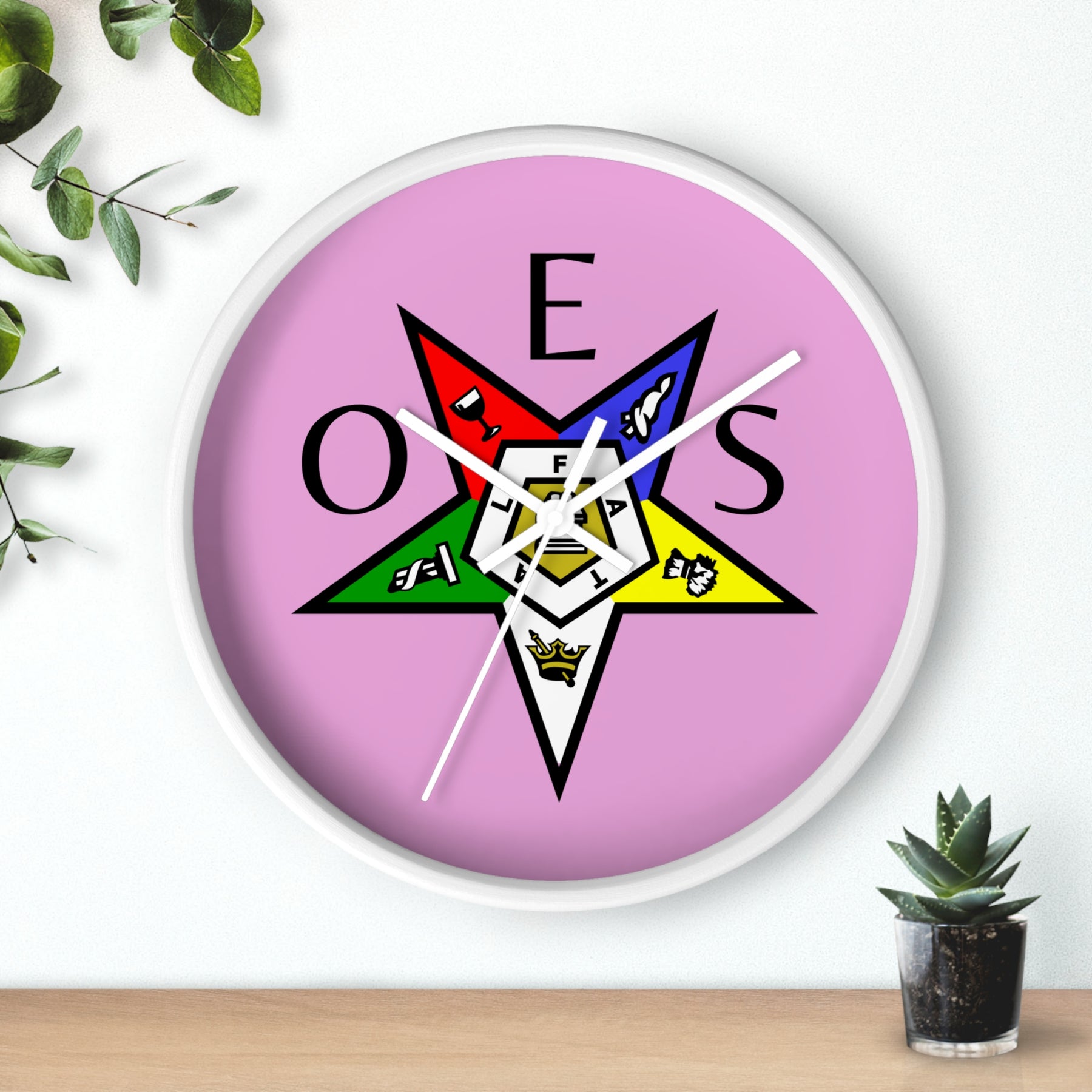 OES Clock - Colorful Emblem with OES Lettering on Pink Dial - Bricks Masons