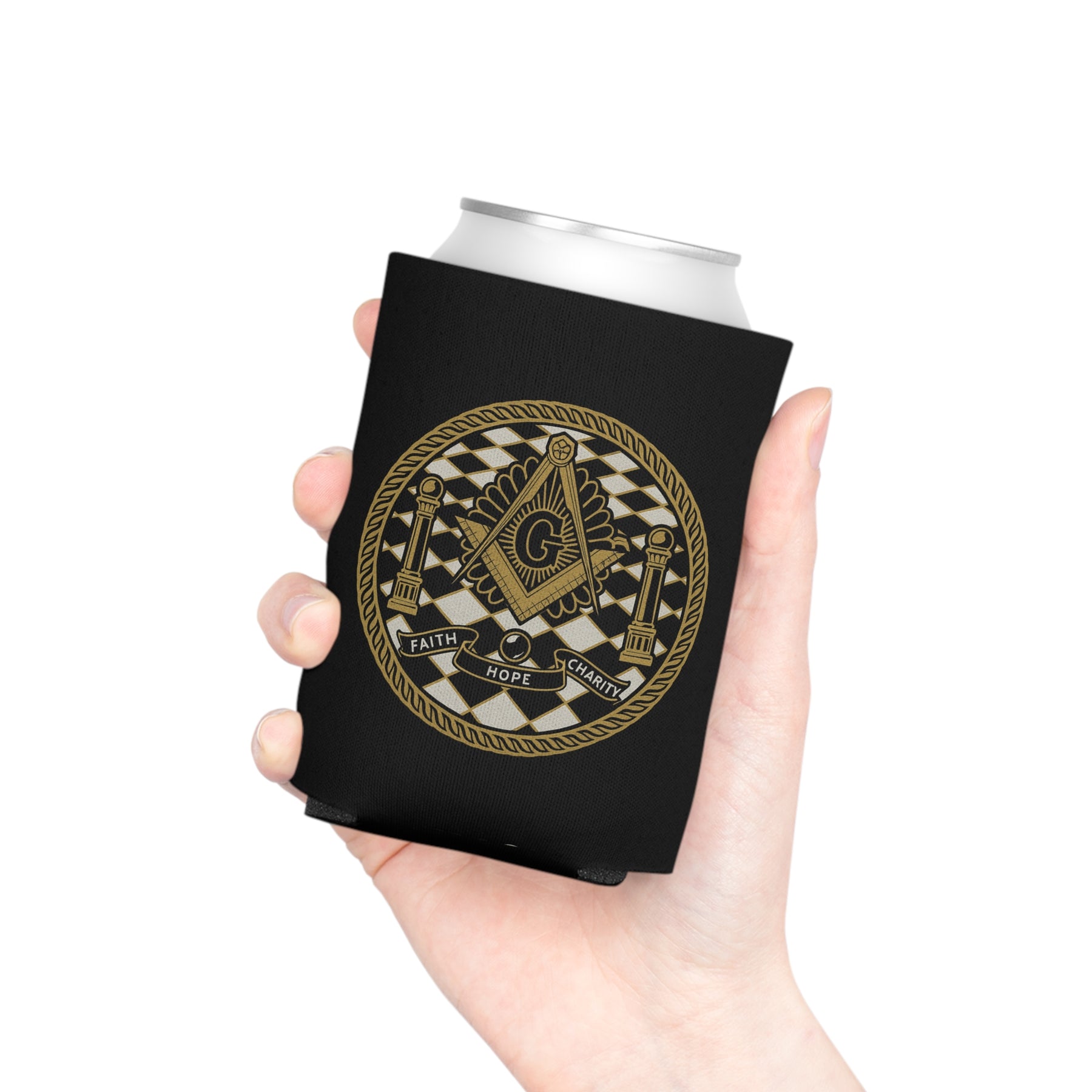 Master Mason Blue Lodge Can Cooler - Faith Hope Charity Gold Square & Compass - Bricks Masons