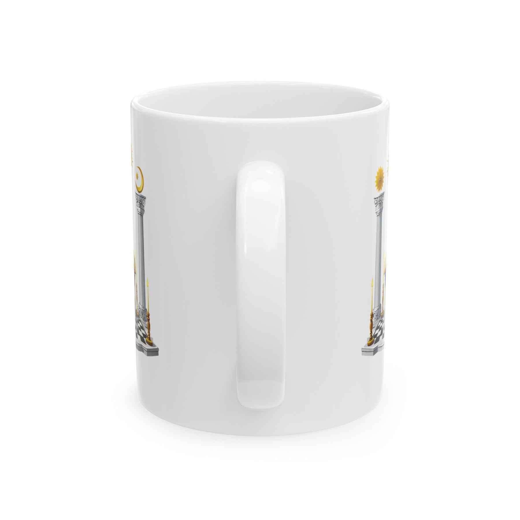 Master Mason Blue Lodge Mug - S&C G Altar Pillars & Eye on Checkered Floor - Bricks Masons