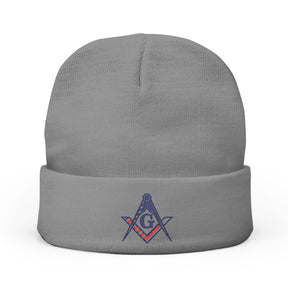 Master Mason Blue Lodge Beanie - Knit Embroidery US Flag Square and Compass G - Bricks Masons