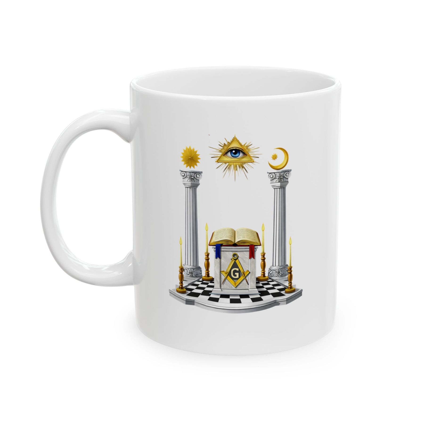 Master Mason Blue Lodge Mug - S&C G Altar Pillars & Eye on Checkered Floor - Bricks Masons