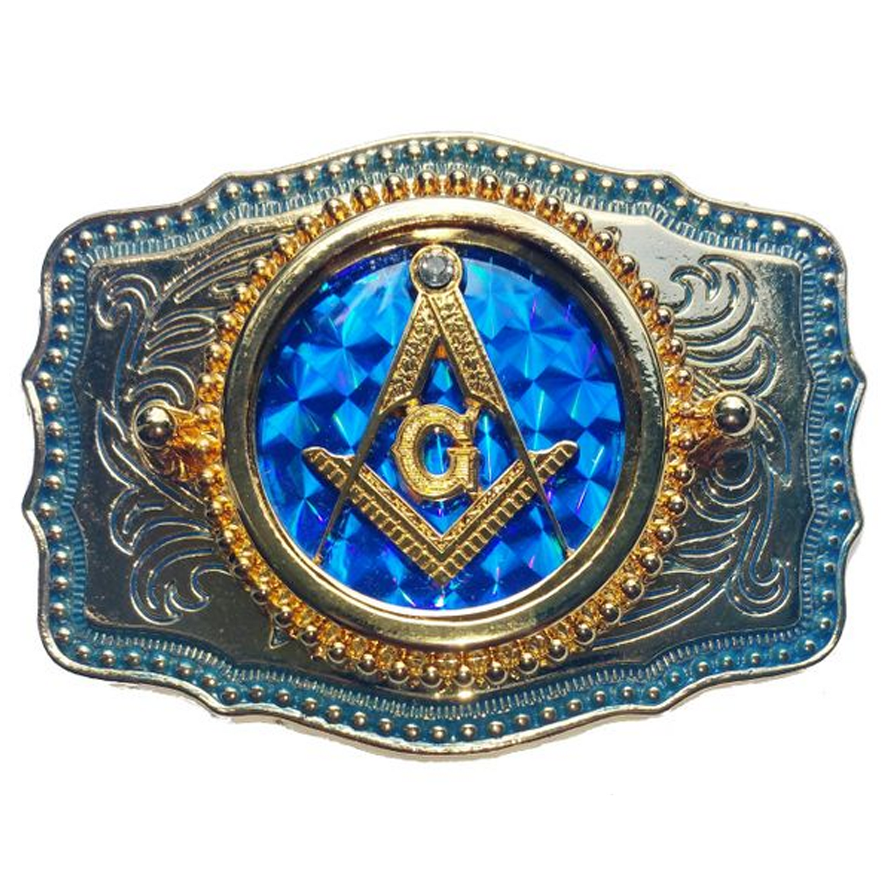 Master Mason Blue Lodge Belt Buckle  -  Blue Raised Square & Compass