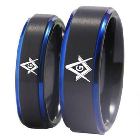 Master Mason Blue Lodge Ring - Black Blue Tungsten Personalizable